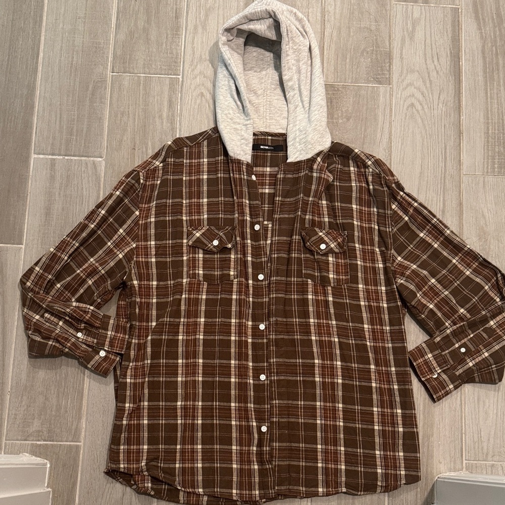 Nova Men Brown Plaid Shirt with Gray Hood